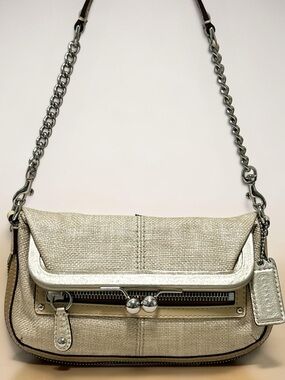 COACH Y2K Bonnie Kiss Lock Frame Fold Over Straw w/Leather Trim Demi ShoulderBag